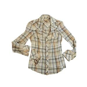 Guess jeans snap button babydoll button down shirt womens small brown gold y2k